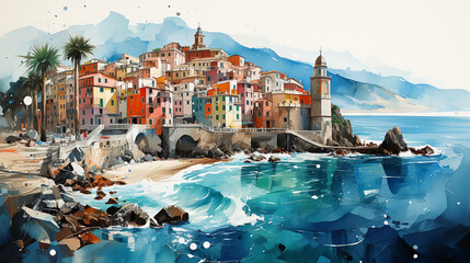 Watercolor painting of Italian town - obrazy, fototapety, plakaty