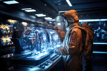 A scientist in protective gear interacts with a futuristic console, surrounded by glowing technology in a modern laboratory.