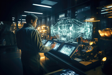 A scientist interacts with a futuristic touchscreen displaying a holographic blueprint in a high-tech lab environment.