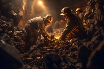 Miners working with pickaxes and group in a mine - obrazy, fototapety, plakaty