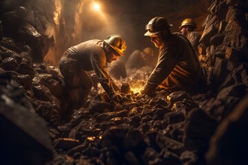 Miners working with pickaxes and group in a mine