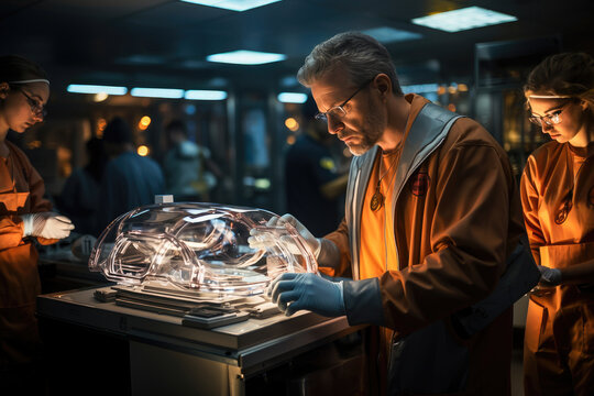 Scientists in orange uniforms intently examine a transparent technological device in a modern laboratory setting.