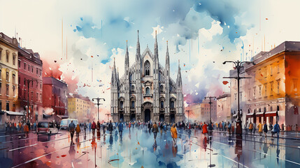 Watercolor painting of Milan - obrazy, fototapety, plakaty