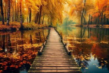 Wooden pier by river with autumn forest. Generative AI - obrazy, fototapety, plakaty