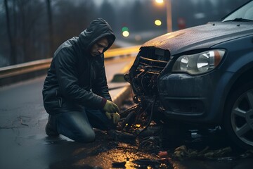 Man stands and fixes a broken car on the side of the road