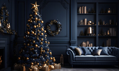 A modern luxurious Christmas-themed living room with a blue and gold color scheme