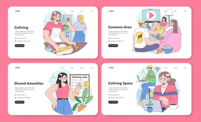 Co-living web banner or landing page set. Friends or roommates living together. Characters hang out dormitory or student apartment. Joint living in friends company. Flat vector illustration.