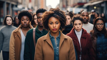Large group of people standing in the street with focus on a black woman looking at camera generative ai. - obrazy, fototapety, plakaty