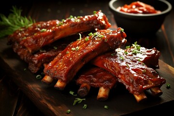 Delicious pork ribs coated in tangy barbecue sauce. Generative AI