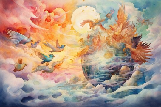 Celestial beings harmonizing atop clouds. Watercolor masterpiece. Generative AI