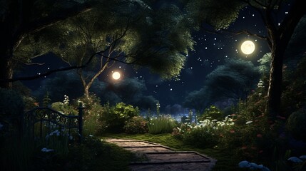 A moonlit garden filled with Myrtle bushes, their leaves shimmering with a hint of magic.