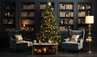 A modern luxurious Christmas-themed living room with a green and gold color scheme - obrazy, fototapety, plakaty