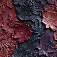 Seamless embossed leather flowers and leaves texture - obrazy, fototapety, plakaty