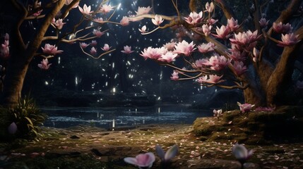 A Moonlit Magnolia garden with petals gently falling to the ground in the stillness of the night.