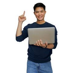 close up young asian man hold laptop and hand gesture pointing (add your content) isolated on transparent background for technology business and lifestyle concept