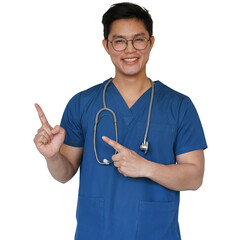 close up asian specialist doctor man smile during pointing hand to present (add content) on...