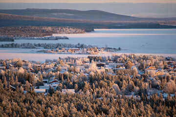 Winter landscape of the town of Jukkasjarvi, Sweden. Situated in the north of Sweden in Kiruna...