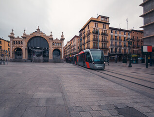 Tram Passing By Zaragoza Market Building