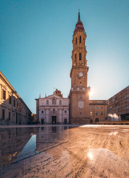 Clock Tower At La Seo Cathedral Against Clear Blue Sky