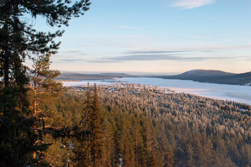 Winter landscape of the town of Jukkasjarvi, Sweden. Situated in the north of Sweden in Kiruna municipality.