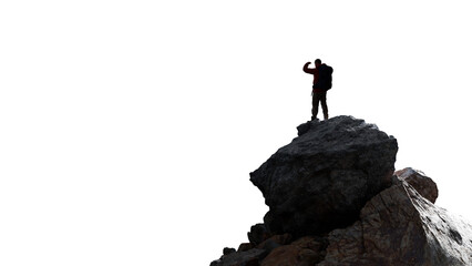 Adventure Man Hiker standing on top of Mountain Peak. Cutout on White Background. 3d Rendering. PNG - obrazy, fototapety, plakaty