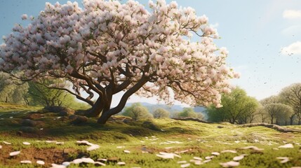 A Moonstone Magnolia tree in the midst of a lush, green garden, with bees buzzing around its...