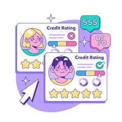 Credit card. Bank-offered financing of purchases. Individual and business credit card. Credit arrangements and rating. Flat vector illustration