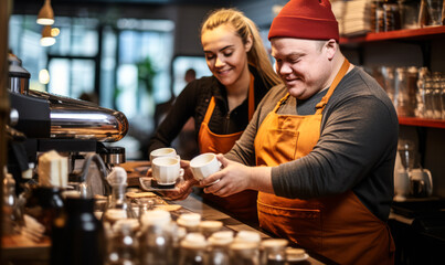 Empowering Café Experience: Young Man with Down Syndrome Making Coffee - obrazy, fototapety, plakaty