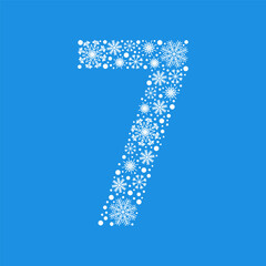 Number 7 made from white snowflakes. Christmas snow design element.