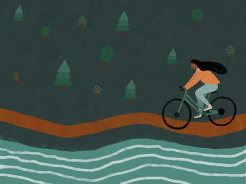 Illustration of Woman Cycling in Forest near river