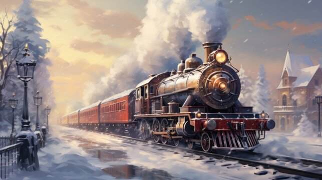 Classic steam train riding through a snowy winter landscape during Christmas.