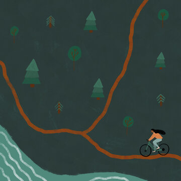 Illustration of Woman Cycling in Forest near river