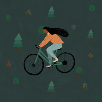 Illustration of Woman Cycling in Forest