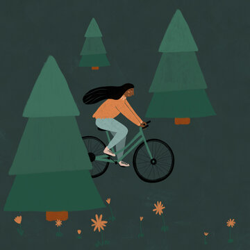 Illustration of Woman Cycling in Forest
