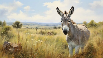 Naklejka na ściany i meble Grey donkey in field