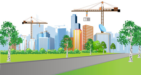 View of a modern city under construction with construction sites and tower cranes towering over the city. Vector illustration.