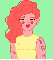 Young smiling woman with tattoo on her shoulder, ginger wavy hair, Vector flat illustration hand drawn