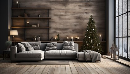 Empty wood surface in living room with a Christmas tree