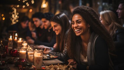 Obraz na płótnie Canvas Group of friends having Christmas dinner enjoying in food and drink