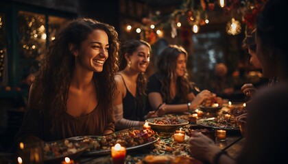 Obraz na płótnie Canvas Friends having Christmas dinner enjoying food and drink