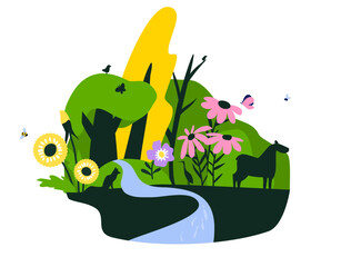Rewilding concept vector illustration. Oversized wildflowers, trees, deer, fox and heron. Forest with river and fish. Protecting wildlife habitats. Promoting biodiversity. Renewing nature