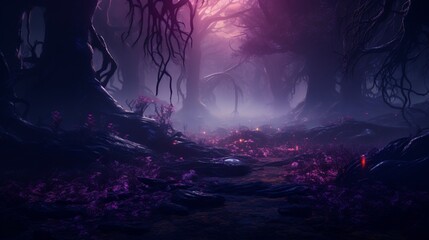 A mystical forest shrouded in mist, where ancient trees are adorned with bioluminescent luminous lavender moss, creating an otherworldly atmosphere.