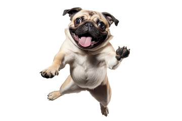Happy pug dog jumping. PNG banner with transparent background.