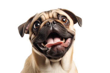 Happy pug dog looking up. PNG banner with transparent background. - obrazy, fototapety, plakaty