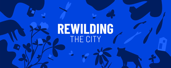 Rewilding concept vector illustration. Monotone banner with oversized wildflowers, boar, fish and insects. Protecting wildlife habitats. Promoting biodiversity. Renewing nature