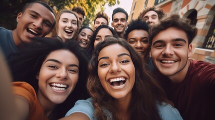 Multi ethnic student guys and girls taking selfie outdoors. Happy lifestyle friendship concept with young multicultural people having fun day together - obrazy, fototapety, plakaty