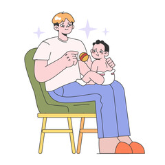 Father and little kid relationship. Man holding a baby on his laps. Happy loving family, positive parenting and nurturing. Care, trust, support between parent and child. Flat vector illustration.