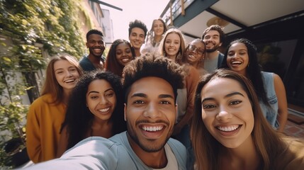 Obraz premium Multi ethnic student guys and girls taking selfie outdoors. Happy lifestyle friendship concept with young multicultural people having fun day together