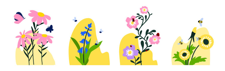 Vector illustration set of different flowers and attracted insects on abstract backgrounds. Dandelion, bluebell, coneflower, wild rose. Bee, ladybug, fly, butterfly. Biodiversity concept