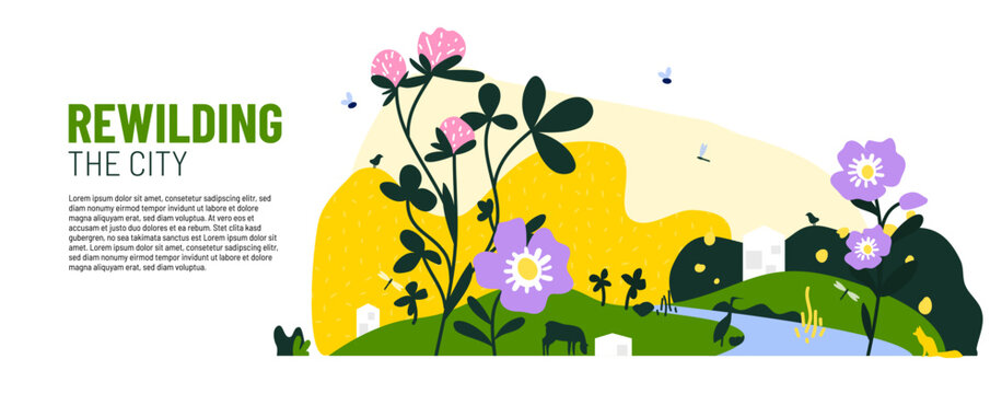 Rewilding vector illustration concept. Oversized flowers, animals and birds between buildings in town on a riverside. Restoration of natural habitats and wildlife. Protecting nature and diversity.